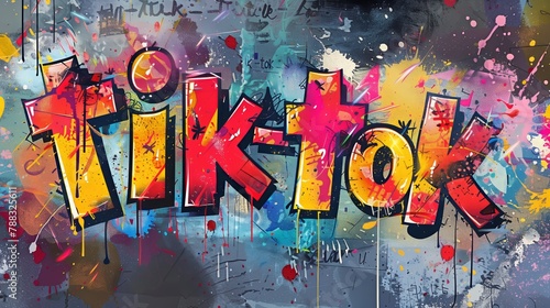 Tik-tok in colorful spray stain word art in grafity style