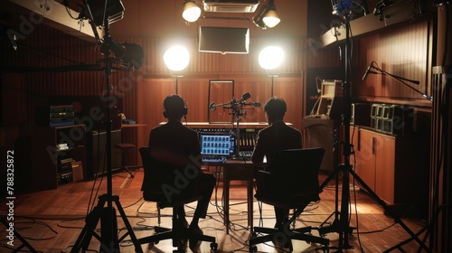 Two radio speakers presenting a program in a recording studio. Back view silhouette