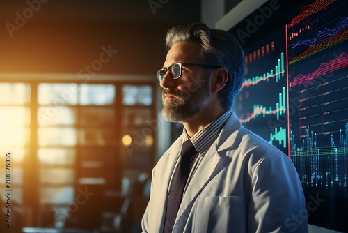 Side view of mature doctor working on computer in office. Medical and healthcare concept.