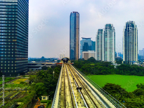 Aerial view of The Jabodebek LRT or Light Rail Transit track in Jakarta, Indonesia.