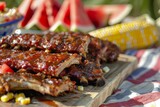 Food and drinks for the summer patriotic holidays USA Independence Day, Wooden cutting board with ribs, corn on the cob perfect for a Churrasco recipe