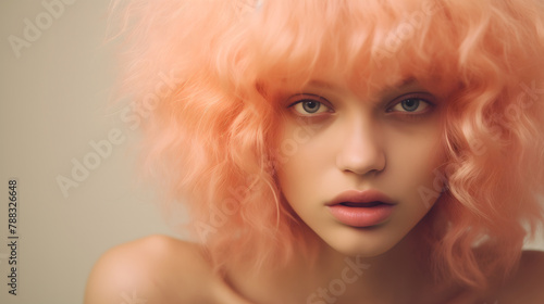 Peach Colored Curly Hair Woman Portrait with Neutral Background