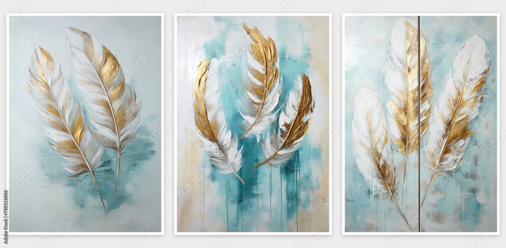 Feather Wall Art Decor , Wall painting of three pieces of watercolor feathers, modern, classic