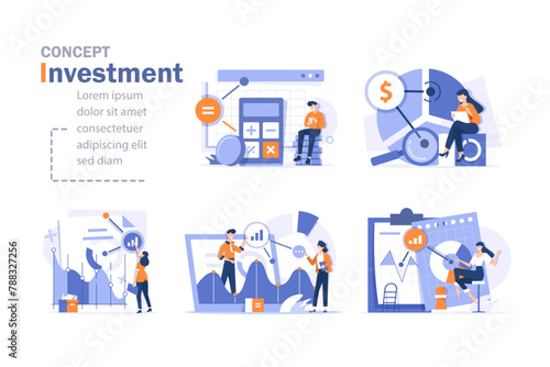 Financial,Characters investing money in stock market. People analyzing financial graphs, charts and diagrams and other data. Stock trading concept