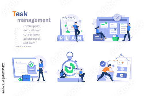 Schedule planning,filling check list, making schedule using calendar. Business and organization concept,Characters planning work tasks