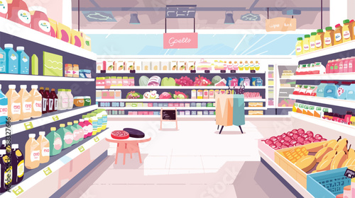 Supermarket interior flat vector illustration. Grocer