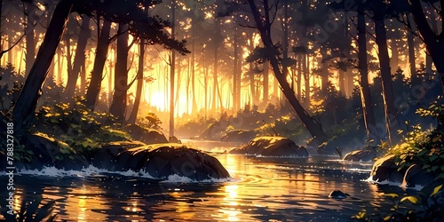 Lake landscape, yellow background, anime background