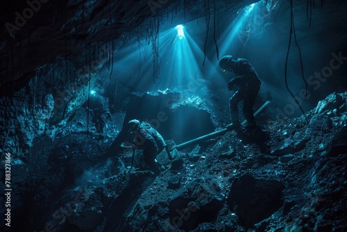 Miners with hardhats exploring expansive underground cave illuminated by artificial light photo