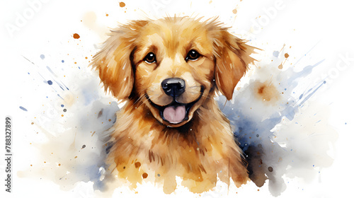 Cheerful Golden Retriever Puppy in Watercolor with Splatter Detail