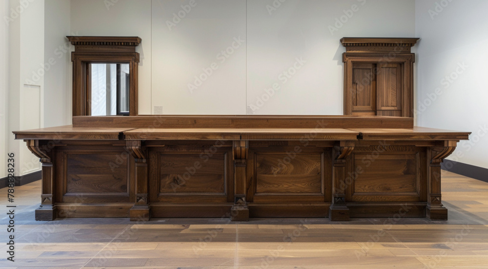 Fototapeta premium one row of three large dark wood desks, side by side, in a horizontal row viewed from the front.
