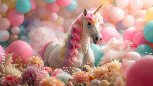 colorful unicorn with vibrant rainbow balloons and flowers in a whimsical sceneimage illustration photo