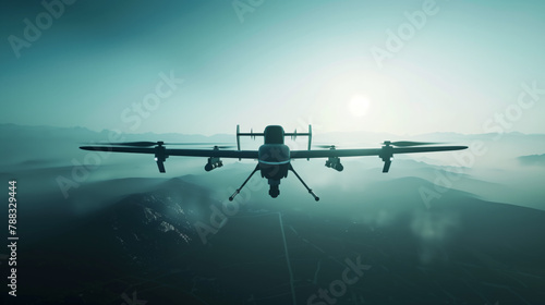 A large modern stylish military combat drone flies over a mountain range. The sky is overcast, the sun is setting.