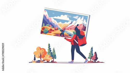 Tiny person holding big framed photo in hands. Artist