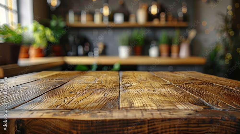 wooden table on blurred kitchen bench background empty wooden table and blurred kitchen backgroundphoto illustration wooden table on blurred kitchen bench background empty wooden table and blurred kitchen backgroundphoto illustration