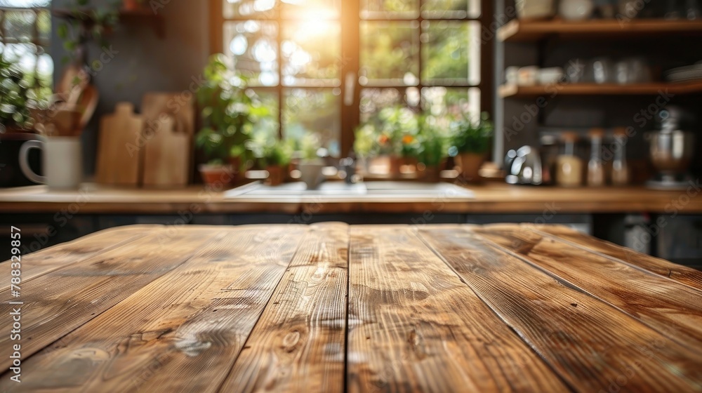 wooden table on blurred kitchen bench background empty wooden table and blurred kitchen backgroundimage