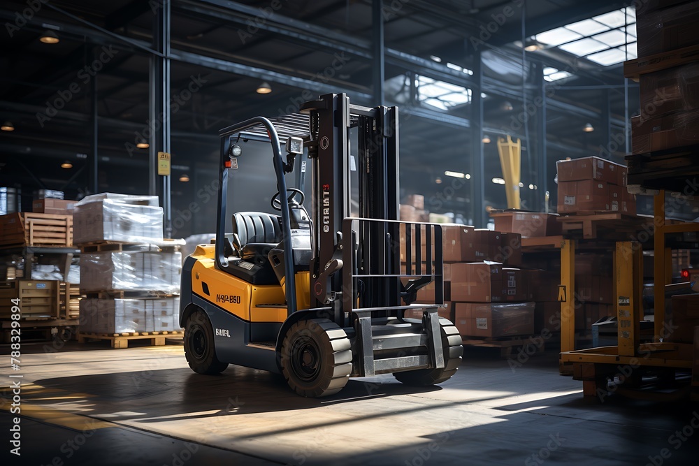 Forklift loader in warehouse. Cargo freight transportation and distribution warehouse. Forklift loader in warehouse. Cargo freight transportation and distribution warehouse.