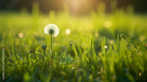 A solitary dandelion standing tall amidst a sea of green grass, bathed in the warmth of the afternoon sun