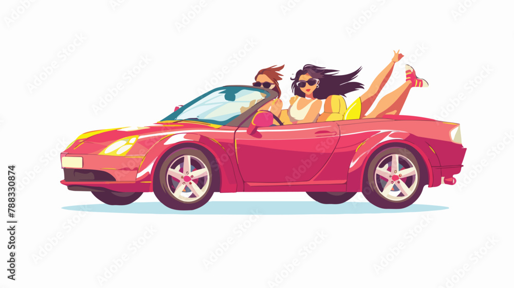 Two trendy girl in sunglasses on convertible vector flat
