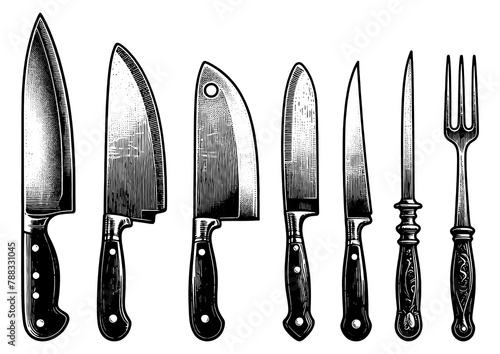 set of four chef knives with varying blade shapes and handle designs sketch engraving generative ai PNG illustration. Scratch board imitation. Black and white image. photo