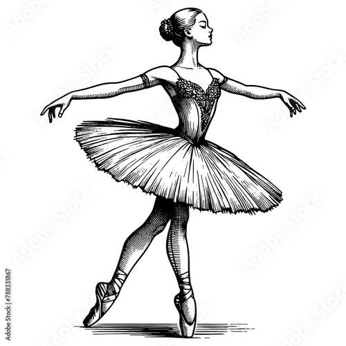 ballet dancer graceful ballerina in tutu, posed pointe in elegant engraving stylesketch engraving generative ai fictional character PNG illustration. Scratch board imitation. Black and white image. photo