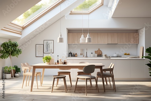 3d rendering of modern and bright kitchen in attic with wooden floor