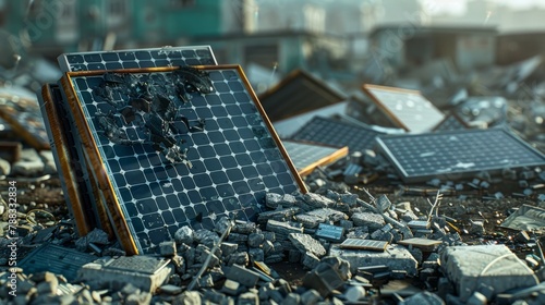 End of life solar panels. difficult to recycle renewable energy hardware. broken equipment. hyper realistic  photo