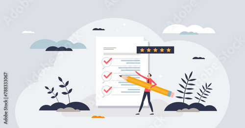 Employee surveys to check satisfaction in workplace tiny person concept. Motivation, loyalty and evaluation form from HR to staff vector illustration. Questions poll with opinion about work place. photo