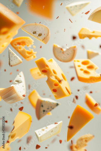 Vertical Different types of cheese are flying or falling in the air.
