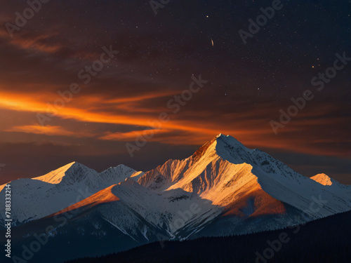 Alpenglow on Snow-Capped Mountains at Dusk 