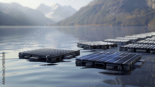 Floating solar panels on reservoirs. Solar Floating. Solar Cells Floating. hyper realistic  © Johannes