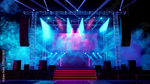 Stage lighting equipment at a concert - colored spotlights on the ceiling in smoke  leaving room for showcased content.