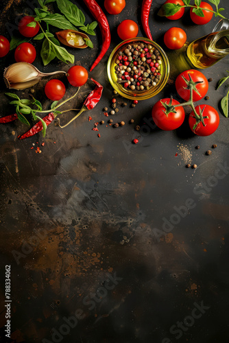 Vertical Food background, spices, tomatoes and oil on a black background, web banner with free space for text.