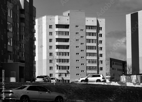 Modern apartment buildings. Contemporary architecture. New residential area. Urbanization. Black and White. Ust-Kamenogorsk (kazakhstan)