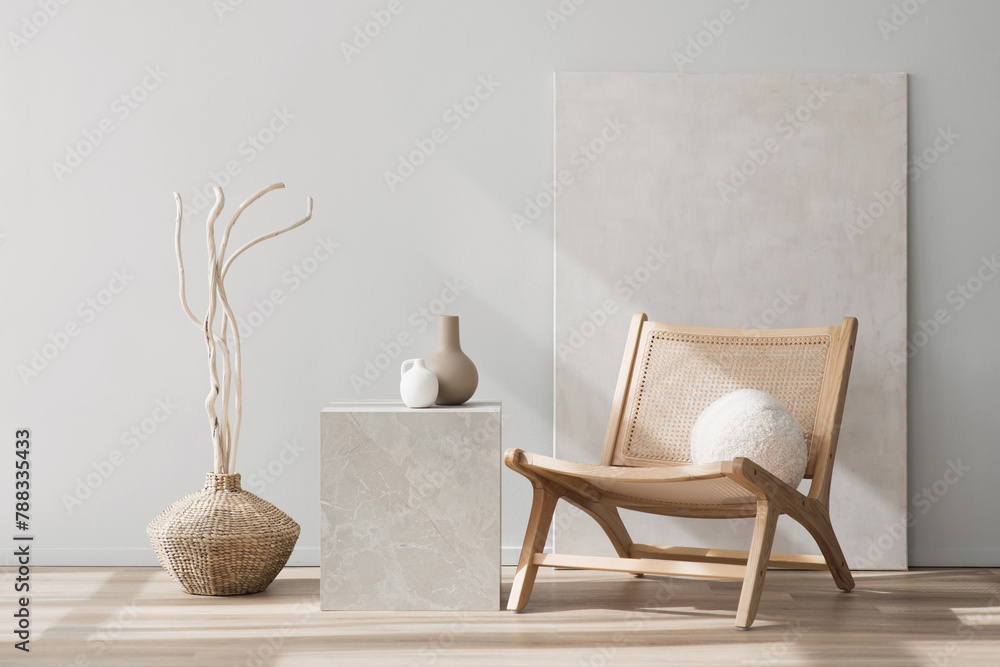 Naklejka premium View of modern scandinavian style interior with chair and trendy vase, Home staging and minimalism concept
