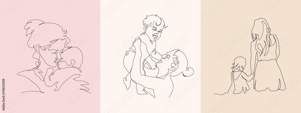 Set of Continuous Line Art of Motherhood, Happy Mother day, one line drawing, parent and child silhouette hand drawn. Vector illustration