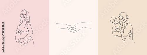 Set of Continuous Line Art of Motherhood, Happy Mother day, one line drawing, parent and child silhouette hand drawn. Vector illustration