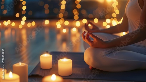 World Yoga Day meditation close-up: woman on mat with lit candles, radiating calmness and peace. International Yoga Day photo