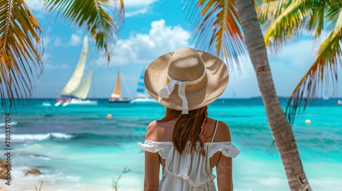 Woman in a sunhat overlooking a tropical beach with colorful sailboats drifting by under the summer sky