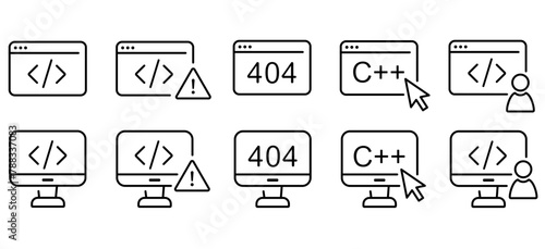 Coding, programming, c plus plus and error 404 icons set. Computer with code on screen, desktop with arrow pointer outline symbols.