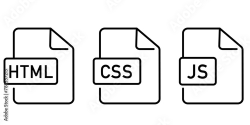 HTML5 CSS3 JS document outline icon set. Web development file of html, css and javascript programming languages symbol set.