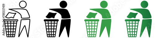 Keep clean icon in outline and filled styles at black and gradient green color. Do not litter sign. Silhouette of a man , throwing garbage in a bin. Public Information Illustration.