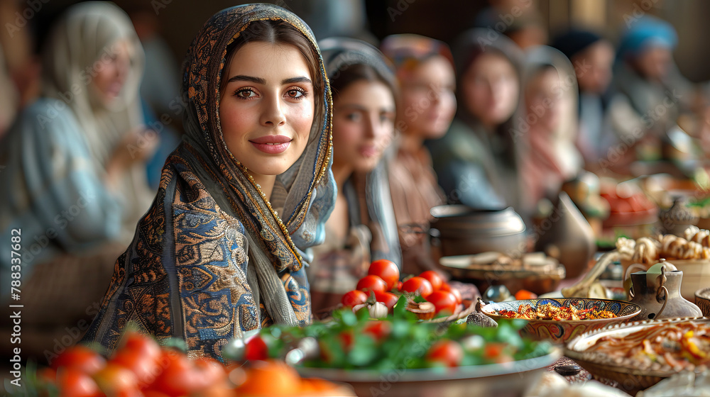 Islamic family celebrating Eid al-Adha around a festive table with traditional dishes. Islamic family celebrating Eid al-Adha around a festive table with traditional dishes.