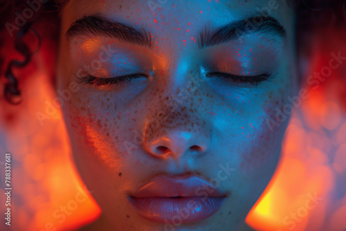 Woman's face close-up, closed eyes, freckles, mixed race, neon lighting