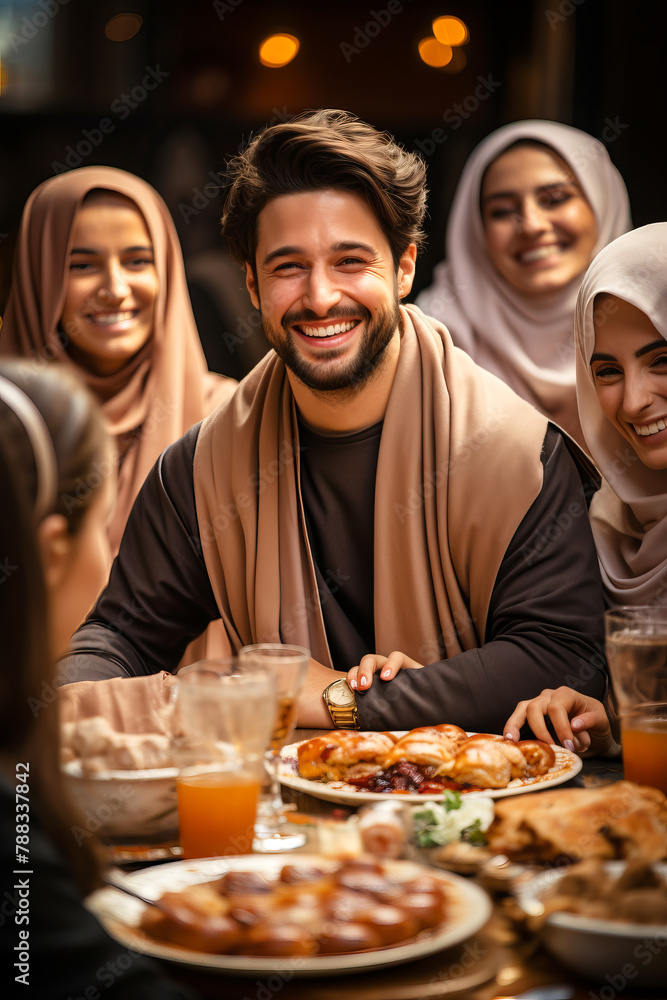 Islamic family sitting around a festive table with traditional dishes, celebrating Eid al-Adha. Islamic family sitting around a festive table with traditional dishes, celebrating Eid al-Adha.