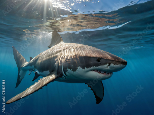 Great white shark swimming just above the sea surface