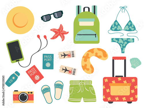 A set of things for summer vacation. Accessories for relaxation at sea and ocean. Women's things. Set of travel elements: suitcases, backpack, bikini, tickets. Flat vector illustration 