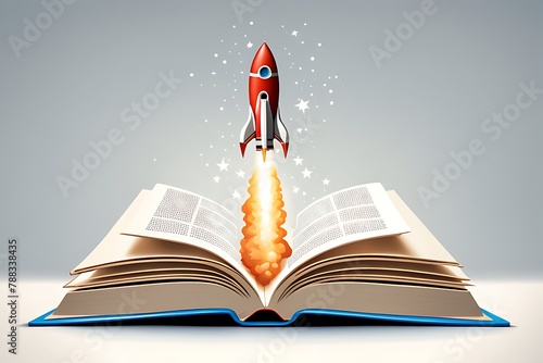  illustration of rocket starting fly from book education concept. 