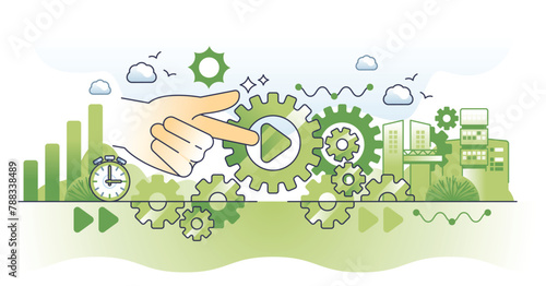 Task automation and effective automatic work management outline hands concept. Job optimization with smart solution and new technology vector illustration. AI assistance for productive work flow.