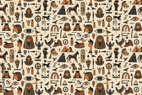 Egyptian symbols seamless pattern with ancient icons and hieroglyphs