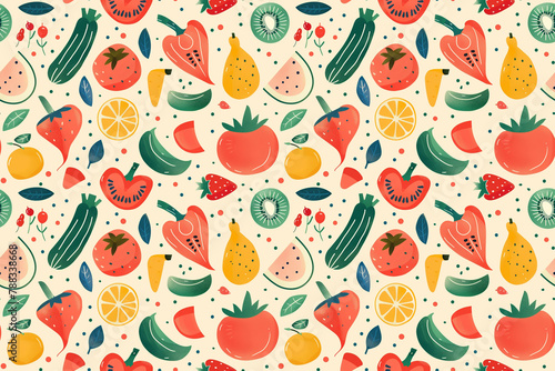 Seamless fruit pattern with a variety of colorful healthy food items